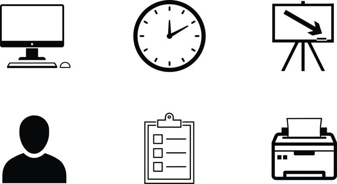 Set of black office and business icons including computer monitor wall clock presentation chart user avatar clipboard checklist and printer isolated on white background vector
