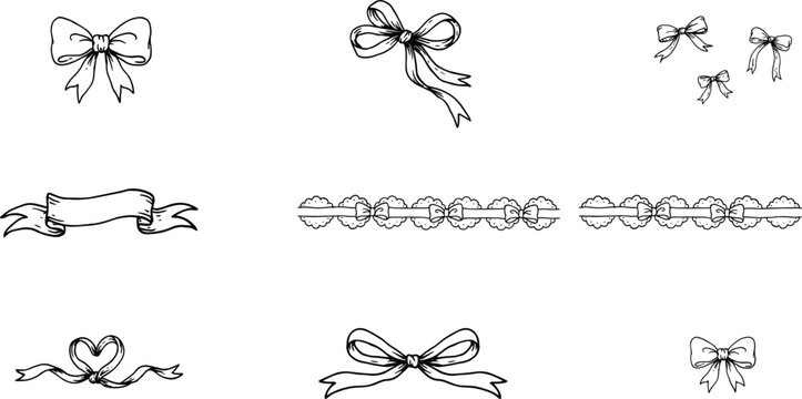 Set of hand drawn ribbon bow icons including vintage scroll banner heart shaped loops decorative lace borders isolated on white background vector illustration