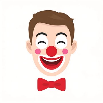 A cartoon illustration of a smiling man's face with a red nose and bow tie