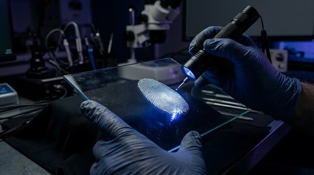 Forensic Scientist Examining Fingerprint Under UV Light