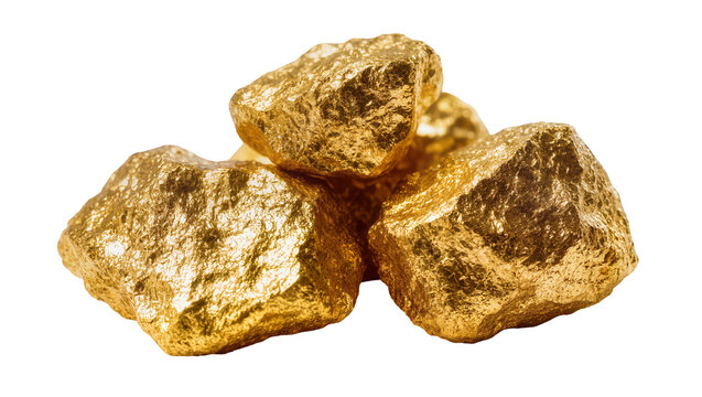 Isolated group of raw gold nuggets, natural precious metal valuable for wealth and investment