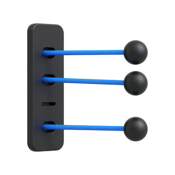 Abstract 3d render of three blue rods connected to black spheres, extending from a black rectangular object, isolated on transparent background