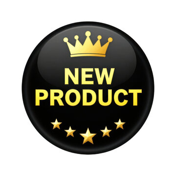 New product badge with golden crown and stars on black glossy button isolated on transparent background
