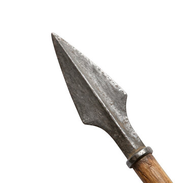 Close up of an antique iron spearhead isolated on transparent background
