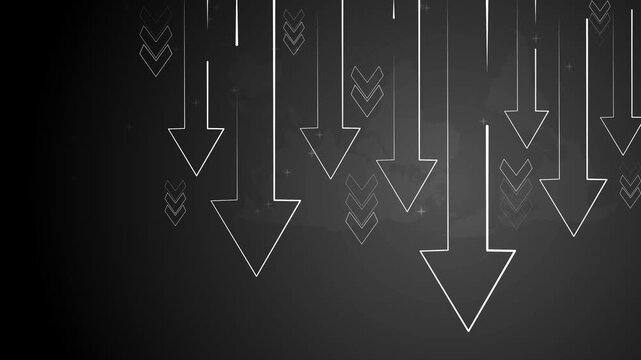 Abstract background with many arrows pointing down showing decline decrease and negative trend animation