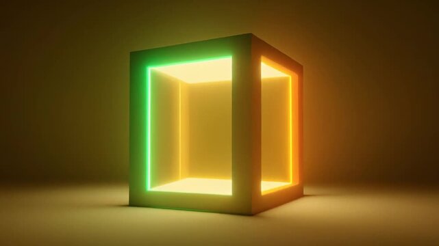 A geometric, glowing cube with orange and green neon lights against a warm, gradient background