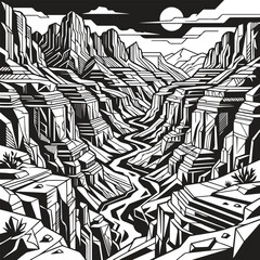 Fototapeta premium Black and white woodcut style canyon landscape illustration with landscape