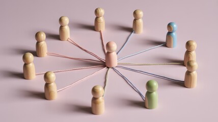 Obraz premium Wooden Figures Connected by Strings Representing a Network Featuring Illustration, Concept, People with Communication and Teamwork Elements