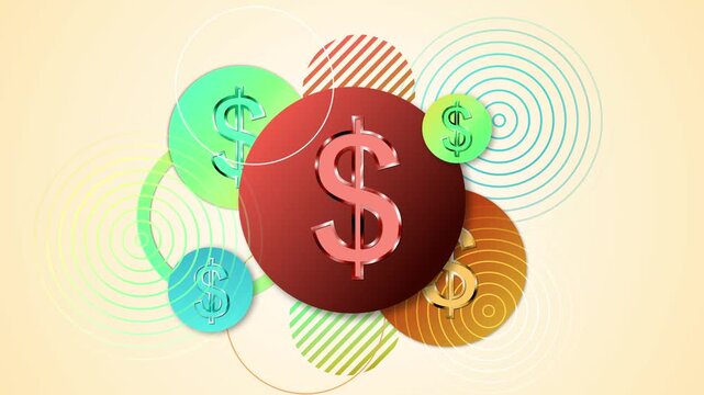 Abstract finance concept with dollar signs on overlapping circles and geometric rings animation