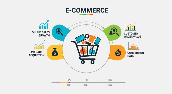 E-commerce infographic, online shopping, business icons, vector graphics, digital marketing, shopping cart, 40 icons