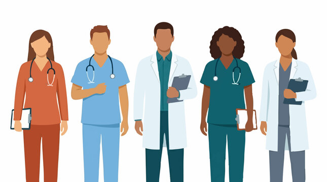 Diverse team of healthcare professionals: doctors and nurses vector illustration