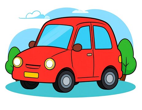 A cartoon-style red car with a rounded body and yellow headlights is parked on a blue surface surrounded by green trees and a blue sky with clouds