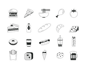 Fototapeta premium Playful funky food and drinks 2D line icons set. Hamburger with cheese. Cake slice. Takeaway meals and desserts isolated cliparts vector outline items. Monochrome spot illustrations collection