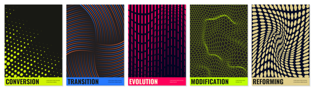 Abstract geometric vector poster set with halftone grid and optical illusion patterns, Shape distortion and linear gradients with transition effect, dynamic graphic for banner and wall art, kit 5