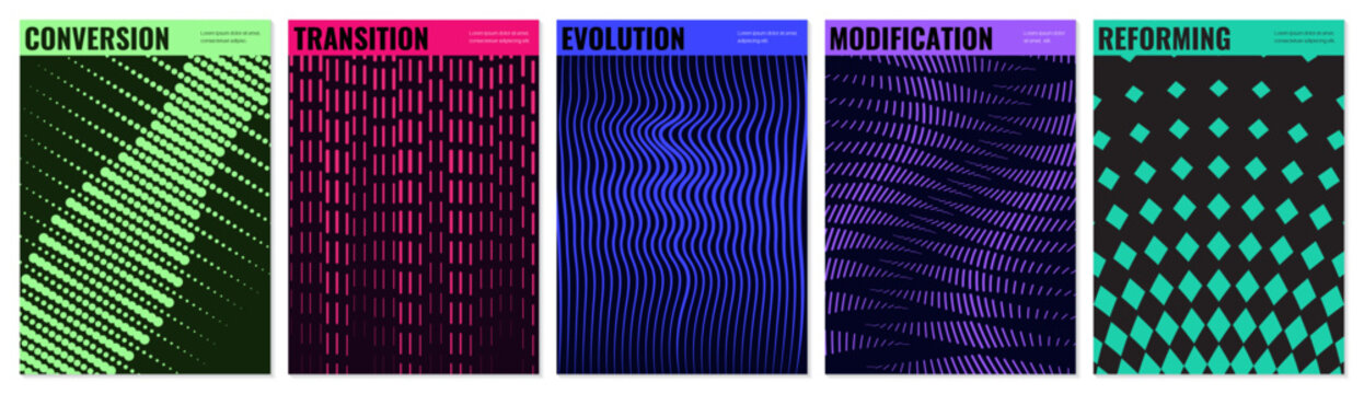 Abstract geometric vector poster set with halftone grid and optical illusion patterns, Shape distortion and linear gradients with transition effect, dynamic graphic for banner and wall art, kit 5