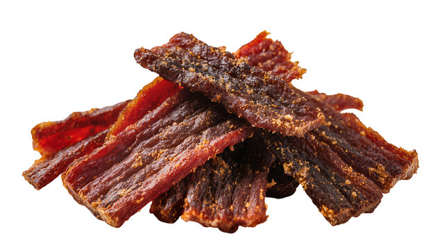 Isolated pile of savory spicy beef jerky strips a perfect high-protein meat snack