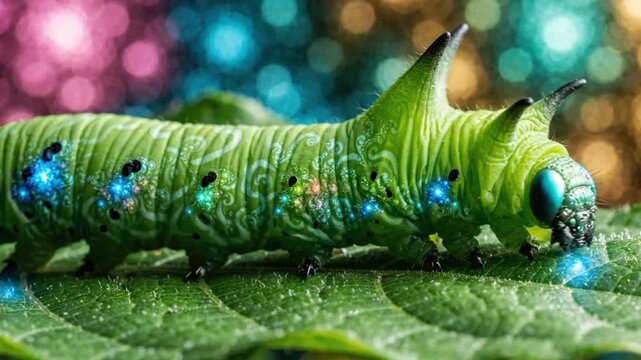 Magical green caterpillar with glowing spots crawls on a vibrant leaf under bokeh lights.