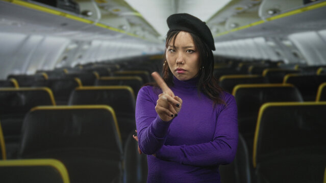 Woman pointing finger with crossed arms in airplane cabin wearing purple turtleneck and beret; disapproval sternness.