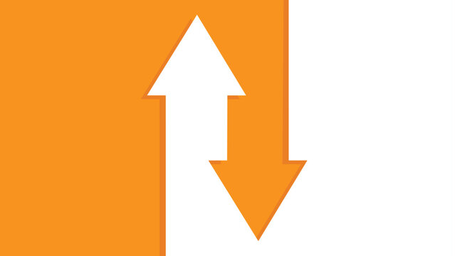 White upward arrow and orange downward arrow overlap on a split orange and white background. Simple graphic symbolizing increase and decrease.