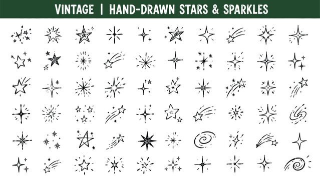 Vintage hand drawn stars sparks and cosmic shine decoration shapes collection.