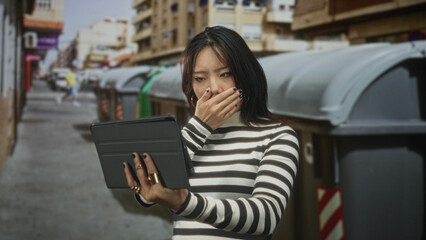 Woman holding tablet with one hand while the other covers her mouth, striped sweater, standing on a narrow urban street next to metal trash bins and parked cars  shock vulnerability. © Krakenimages.com