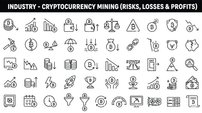 Cryptocurrency mining risk evaluation and financial losses icons set collection including market crashes power outages or investment secure balances.