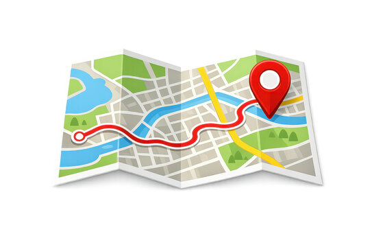 Folded city map with route and red location pin