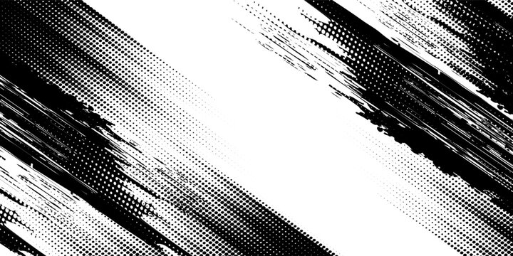 Abstract Black White Grunge Brush Stroke Background Vector, Diagonal Halftone Dot Pattern with Rough Ink Texture for Comic Design, Poster Template, and Edgy Graphic