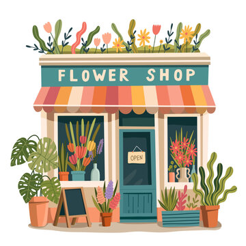 Charming Flower Shop Facade with Colorful Flowers and Houseplants