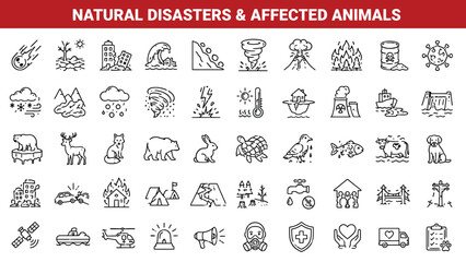Fototapeta na wymiar Natural disasters and affected wildlife elements outline concept icon set collection.