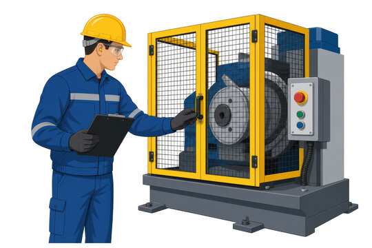 Technician inspecting guarded industrial machine