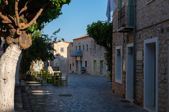 Areopoli town center street view with traditional architecture