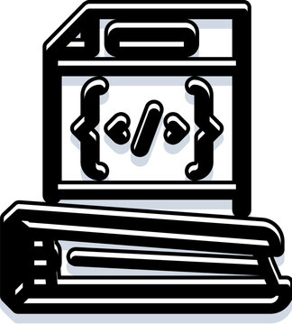 Document icon with programming symbols resting on a stapler, symbolizing the process of a technical writer creating software documentation and compiling code