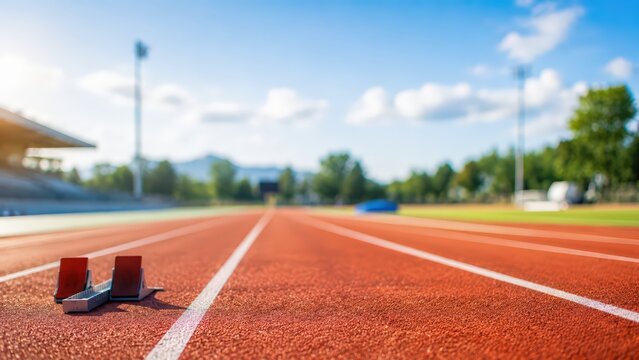 Running track starting blocks stadium background athletics competition sports race sprint arena training fitness start line red track