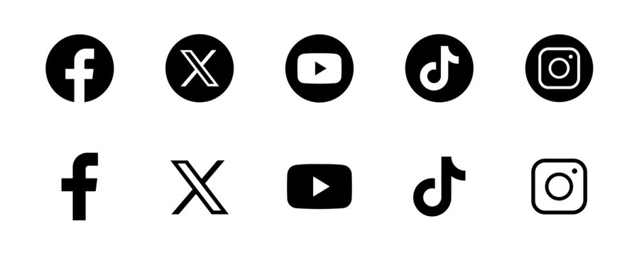Black social media icon collection includes vector logos of social networks facebook, x, youtube, tiktok, instagram.
