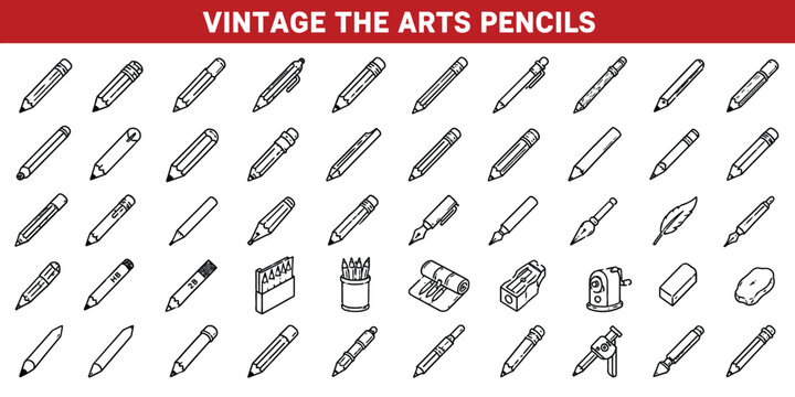 Vintage writing instruments and retro office tools icon web vector collection.