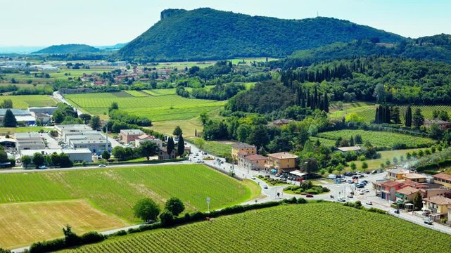 Rural settlement with road junction, vineyard fields and hills in Costermano sul Garda region, aerial view, Italy