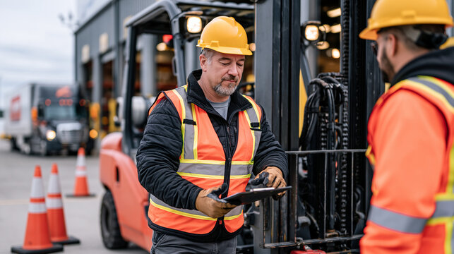 Loading dock supervisor demonstrating proper forklift clearance protocol to a new worker beside a raised loading bay door, safety cones positioned carefully, delivery truck reversing in the backgrou