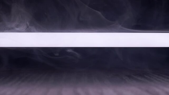 A white horizontal bar floats over a dark reflective floor surrounded by drifting gray mist and fog. Concept of cinematic text placement, dramatic atmosphere, and mysterious copy space.