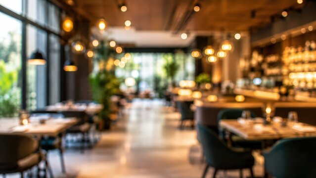 Blurred restaurant interior modern cafe dining room bokeh lighting luxury bistro ambiance elegant cafeteria background hospitality industry