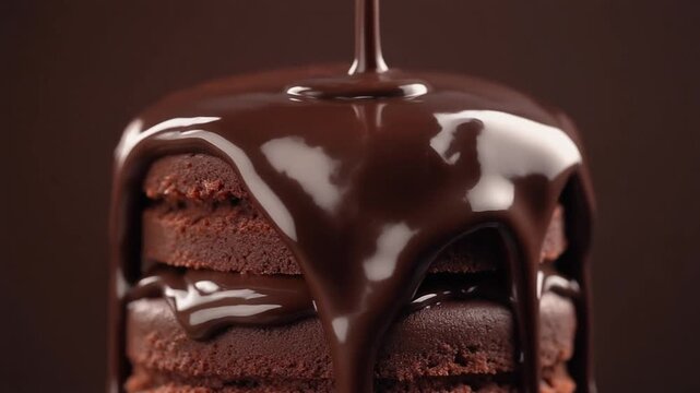 Rich melted dark chocolate slowly drizzling over a layered chocolate cake, glossy texture, studio lighting, slow motion, luxurious dessert presentation, food concept