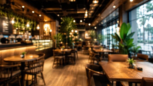 Blurred cafe interior restaurant coffee shop background bokeh wooden furniture warm lighting bistro modern decor lounge atmosphere hospitality space