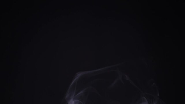 Abstract white smoke curls rise slowly from the bottom, swirling into faint wisps on a black screen. Concept of mystery, fading memories, cigarette vapor, and spiritual atmosphere.