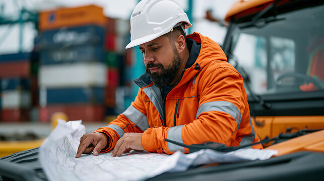 Port logistics manager in a hard hat reviewing strike contingency freight rerouting options on a printed map spread across the hood of a utility vehicle at a desolate terminal perimeter, wind-blown 