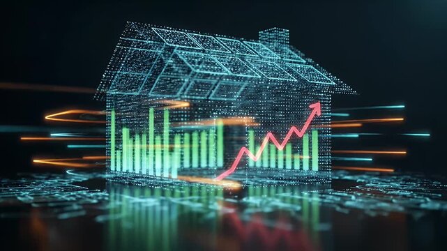 A glowing digital wireframe house model showing rising financial growth charts and property market trends