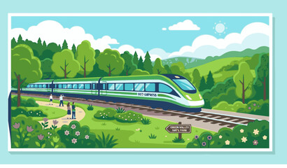 Fast Electric Train on Railroad in Natural Landscape Vector Illustration © Anzuara