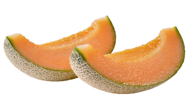 Isolated two fresh sweet juicy cantaloupe melon slices with textured green and brown rind