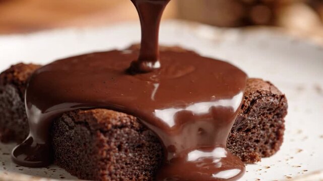 Rich chocolate sauce being poured over a decadent brownie, creating a tempting dessert.
