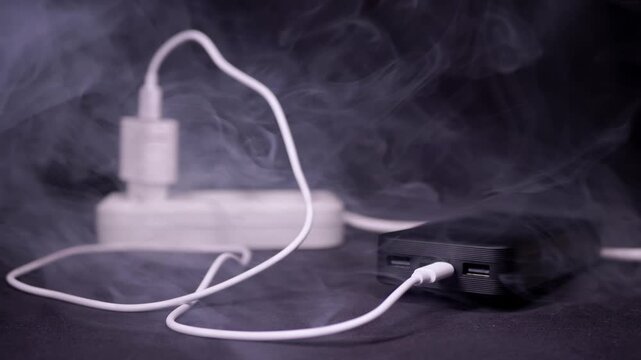 Thick white smoke rises from a black portable power bank connected to a white USB cable. Concept of fire safety, battery explosion risk, and dangerous electrical short circuit.