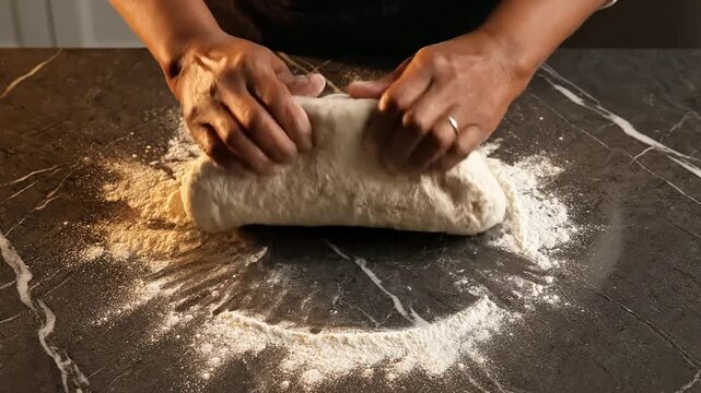 Top-Down View Of Professional Hands Kneading Sourdough Dough On Textured Counter With Flour In Home Kitchen